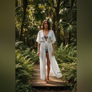 NWOT White Long Sheer Front Tie Short Sleeve Swimsuit Cover Up Women’s Sz M